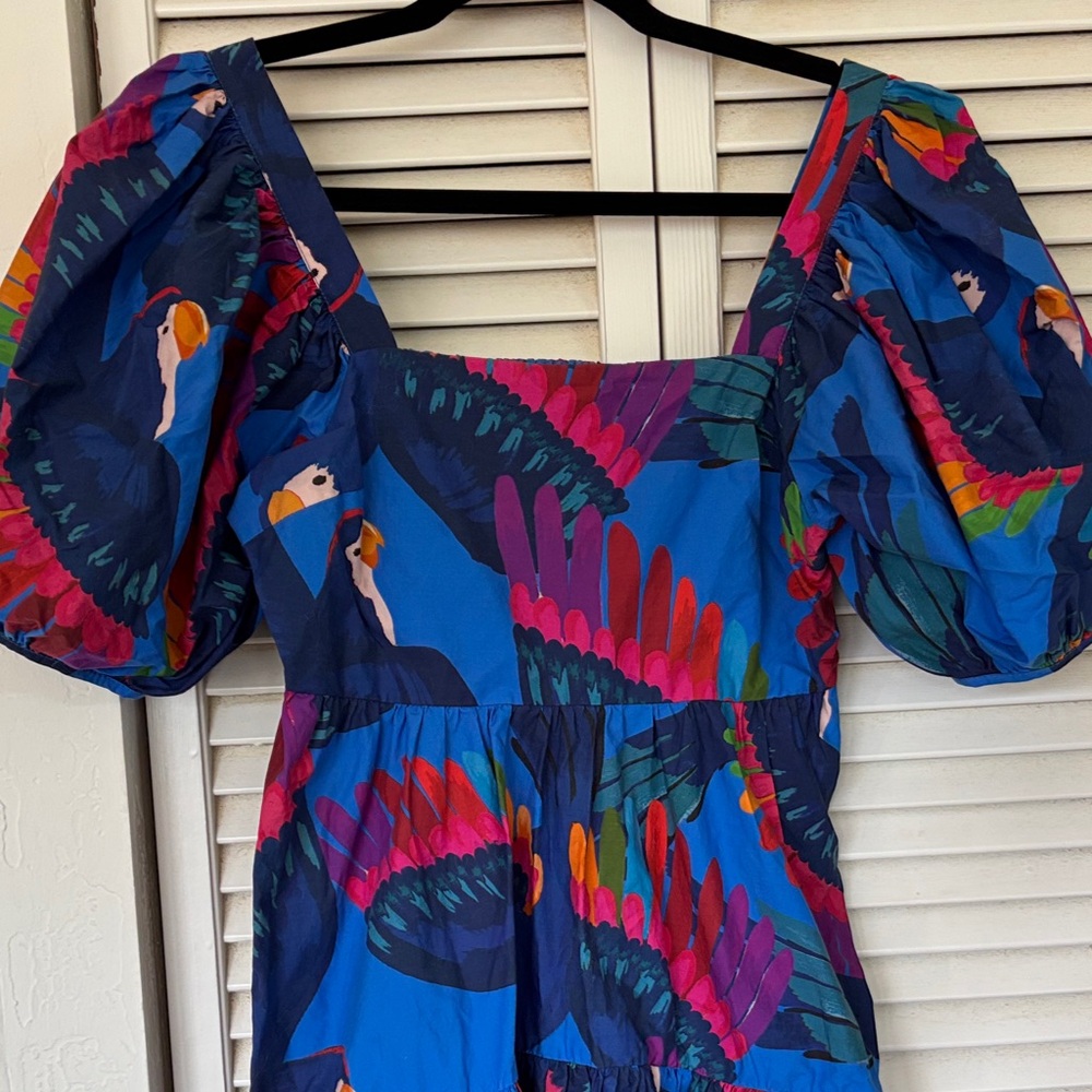 FARM Rio Blue Multicolor Parrot-Print Puff-Sleeve Mini Dress